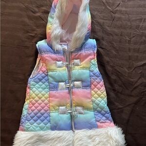 Colorful Quilted Hooded Vest with Faux Fur Trim
